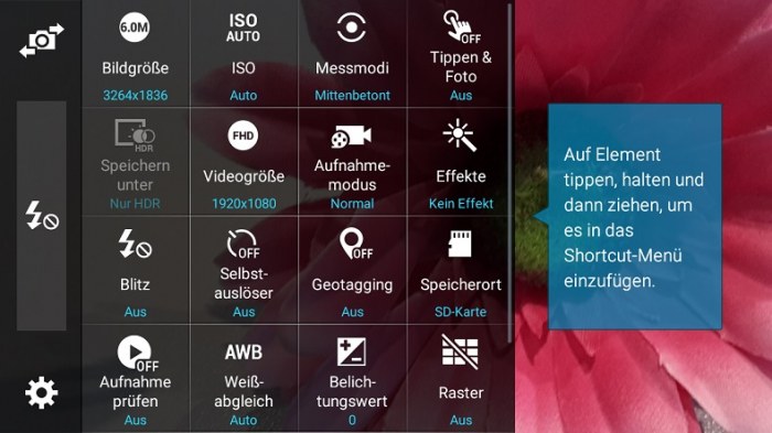 Vorinstallierte Kameraeinstellungen auf dem Smartphone